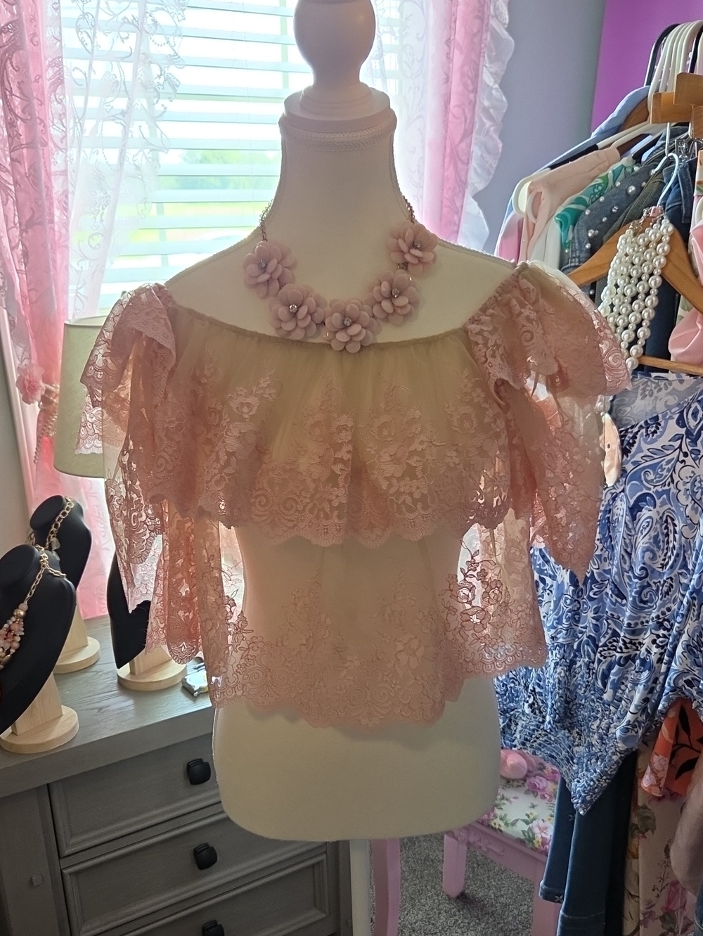 Blush Pink Ruffled Semi Sheer Lace Detail Crop Top. Size S